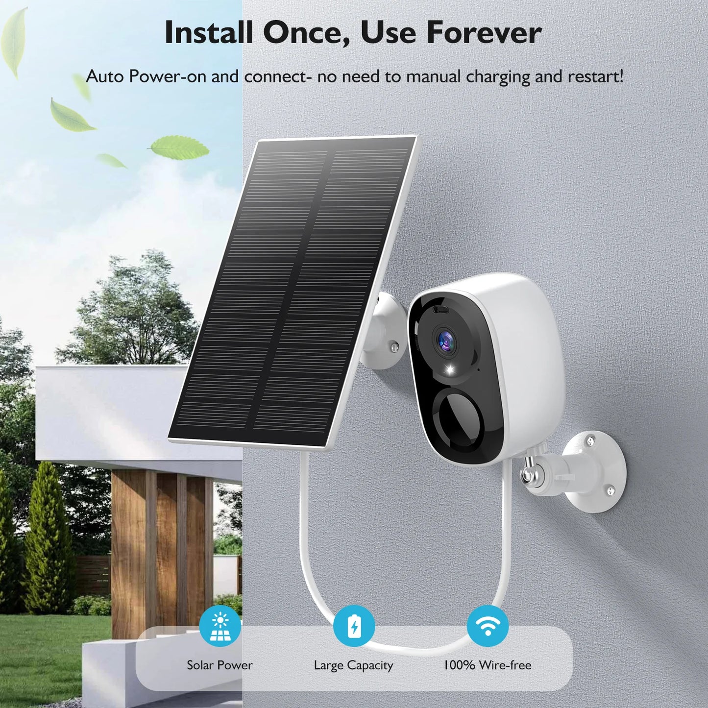 Solar CCTV Camera wireless Indoor Outdoor Wifi HD 2K Resolution Home Security Surveillance Video Night Version Cam 3MP Two Way Audio White/IR Dual Light Support Monitor