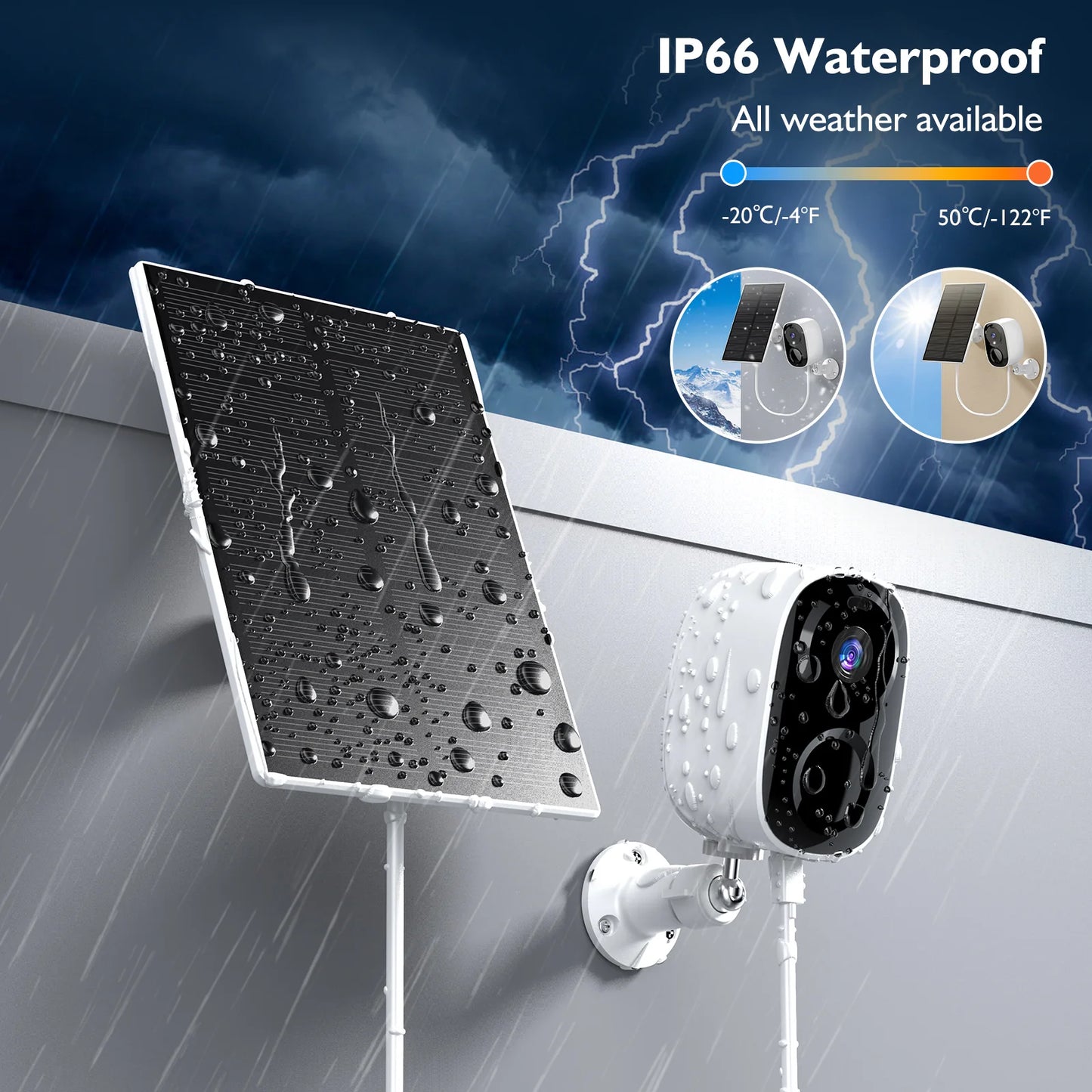 Solar CCTV Camera wireless Indoor Outdoor Wifi HD 2K Resolution Home Security Surveillance Video Night Version Cam 3MP Two Way Audio White/IR Dual Light Support Monitor