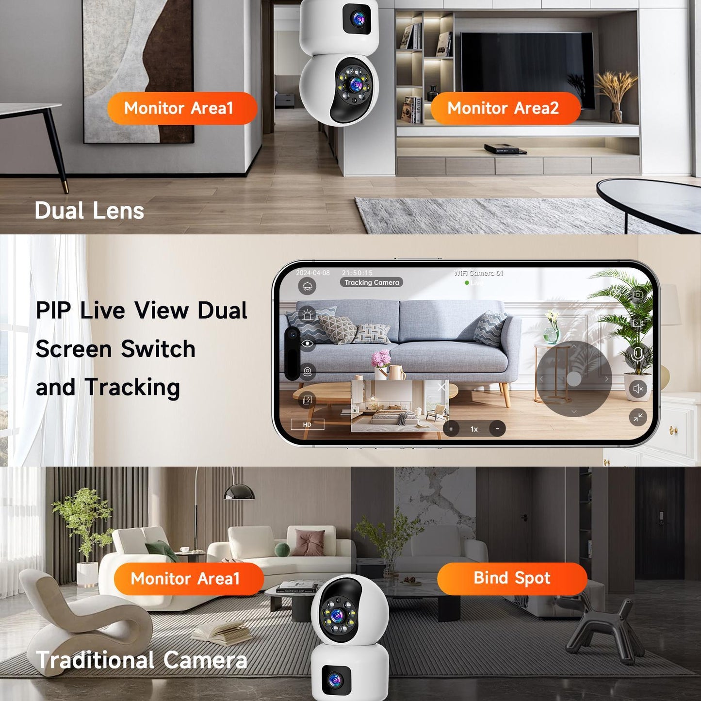 Dual Lens Smart Security Camera, 2K HD Camera, 2.4GHz with WiFi, Color Night Vision, Motion Detection for Baby and Pet Monitoring, Support Cloud and SD Card Storage.
