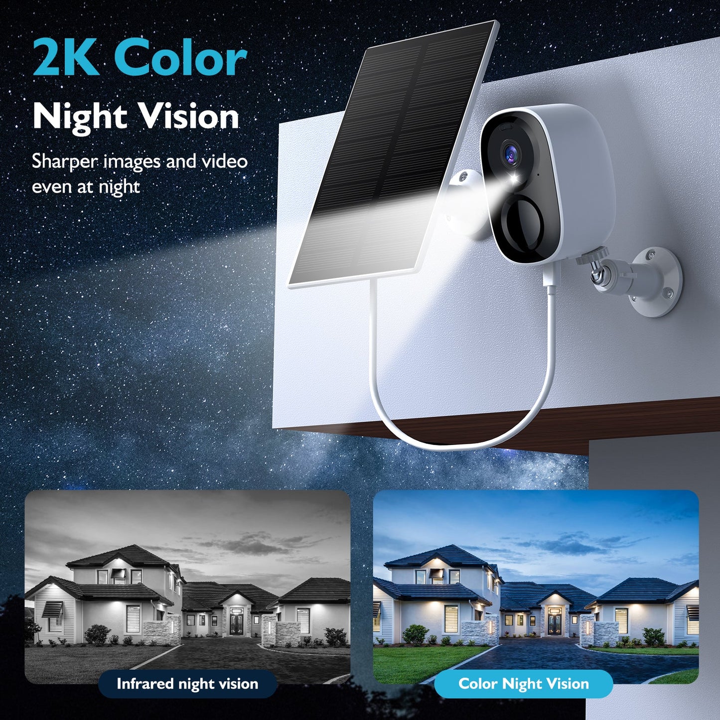 Solar CCTV Camera wireless Indoor Outdoor Wifi HD 2K Resolution Home Security Surveillance Video Night Version Cam 3MP Two Way Audio White/IR Dual Light Support Monitor