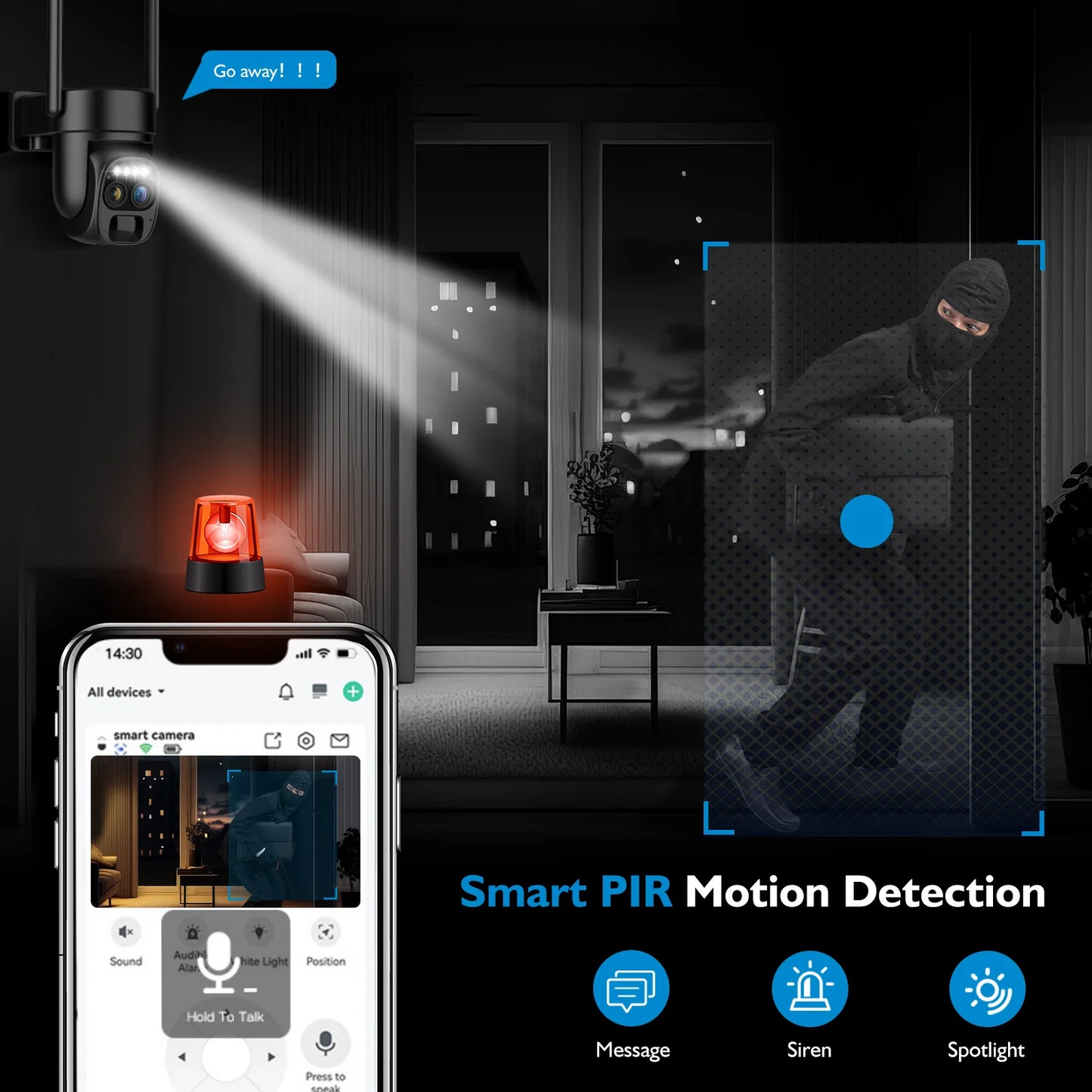 WiFi Solar Wireless Outdoor Camera Dual Lens, 10x Zoom, 2K Resolution 360° Pan Tilt Control, Two-Way Audio with Spotlight Security Alarm PIR Motion Detection Camera