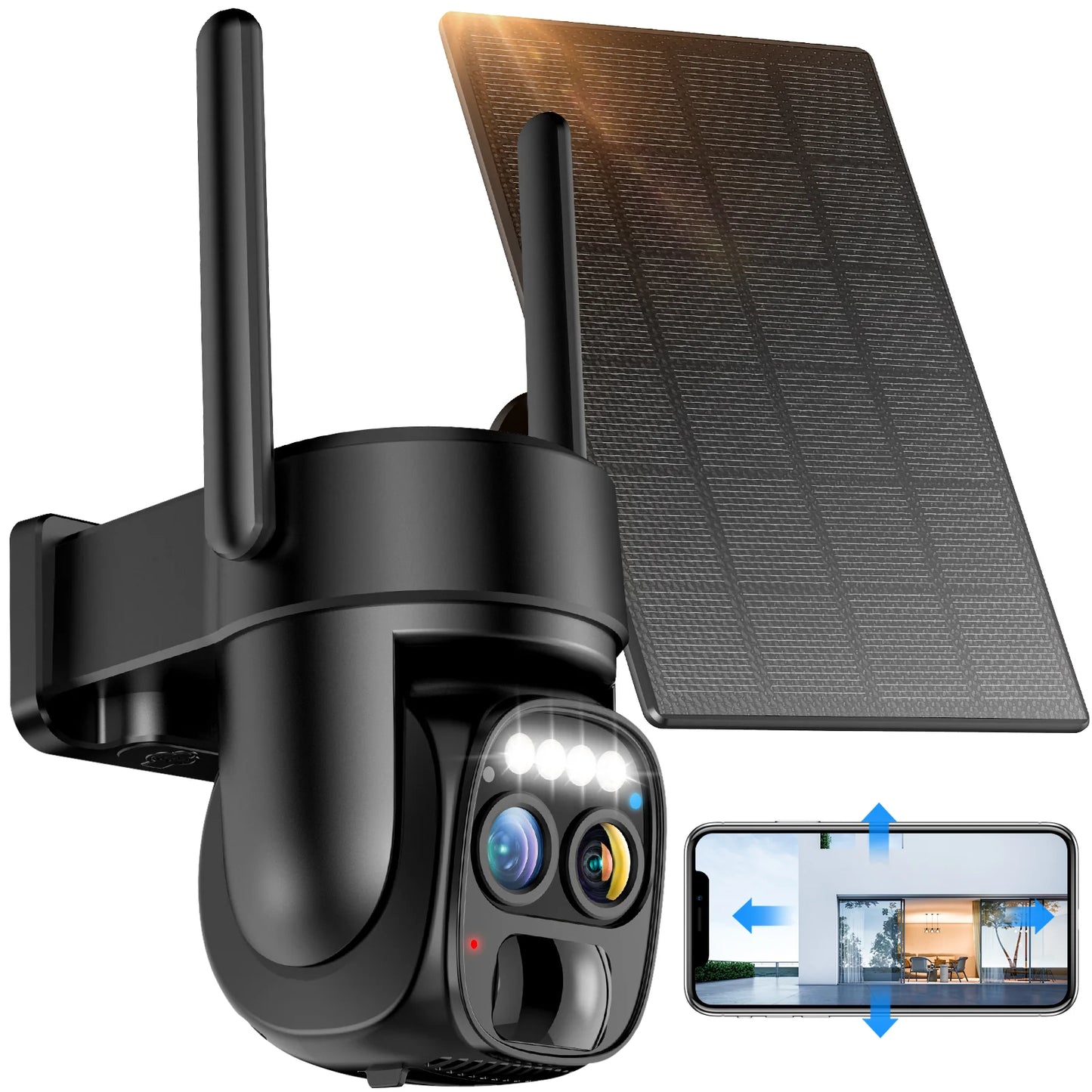 WiFi Solar Wireless Outdoor Camera Dual Lens, 10x Zoom, 2K Resolution 360° Pan Tilt Control, Two-Way Audio with Spotlight Security Alarm PIR Motion Detection Camera