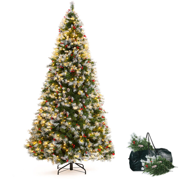 Hawkray Artificial Spruce Christmas Tree with Pull Down Branches, Flocked with White Snow, Red Berries, 1398 Tips, Pre-Lit with 500 Incandescent Warm White Lights, Glam Style for All-Season Holiday Home & Office Decor - US Plug