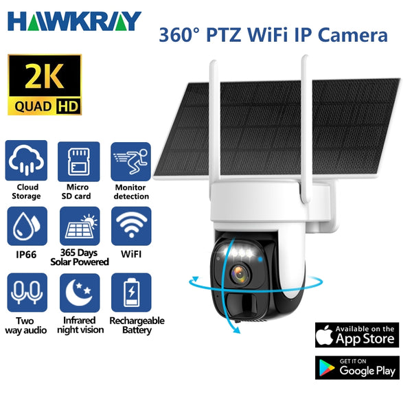 Hawkray Solar Security Cameras Wireless Outdoor, 2K 360° View Pan Tilt Low power consumption WiFi Security Cameras with AI Motion Detection, Color Night Vision, Two-way Audio