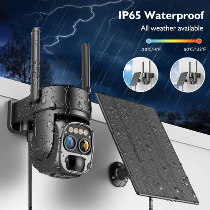 WiFi Solar Wireless Outdoor Camera Dual Lens, 10x Zoom, 2K Resolution 360° Pan Tilt Control, Two-Way Audio with Spotlight Security Alarm PIR Motion Detection Camera