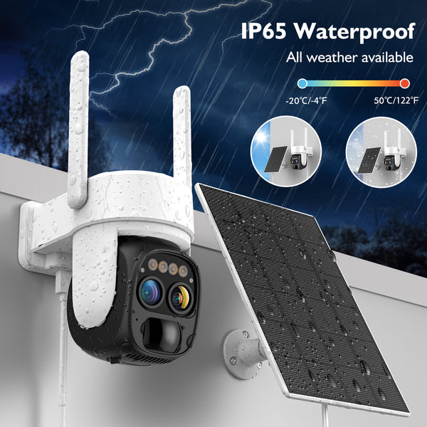 Solar-Powered 2K Wireless Outdoor Security Camera, Dual Lens, 10x Zoom, 360° Pan-Tilt, PIR Motion Detection, Spotlight Alarm, Two-Way Audio, IP66 Waterproof, 2.4GHz WiFi 50 sold Provided by HAWKRAY RICH (219 sold)