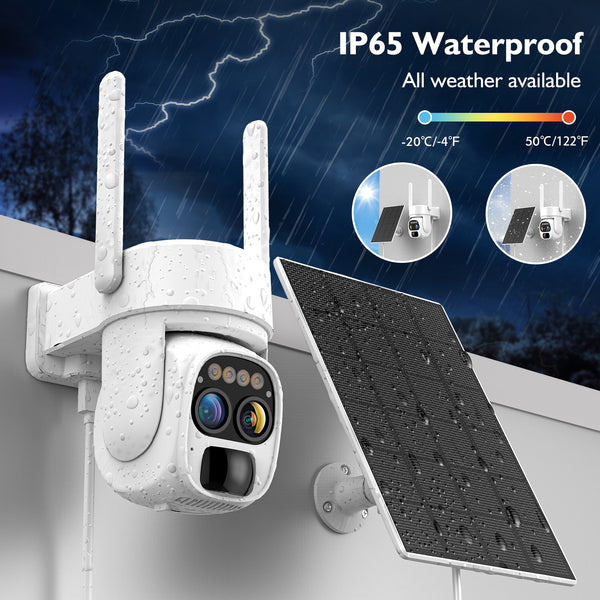 Solar-Powered 2K Wireless Outdoor Security Camera, Dual Lens, 10x Zoom, 360° Pan-Tilt, PIR Motion Detection, Spotlight Alarm, Two-Way Audio, IP66 Waterproof, 2.4GHz WiFi