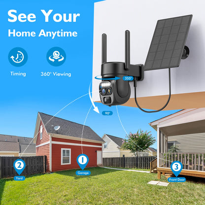 WiFi Solar Wireless Outdoor Camera Dual Lens, 10x Zoom, 2K Resolution 360° Pan Tilt Control, Two-Way Audio with Spotlight Security Alarm PIR Motion Detection Camera