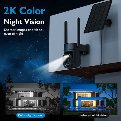 WiFi Solar Wireless Outdoor Camera Dual Lens, 10x Zoom, 2K Resolution 360° Pan Tilt Control, Two-Way Audio with Spotlight Security Alarm PIR Motion Detection Camera