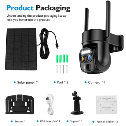 WiFi Solar Wireless Outdoor Camera Dual Lens, 10x Zoom, 2K Resolution 360° Pan Tilt Control, Two-Way Audio with Spotlight Security Alarm PIR Motion Detection Camera